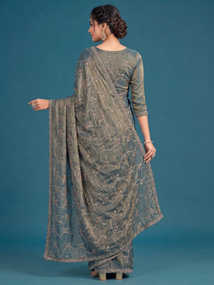 Peachmode Teal Satin Silk Saree with Stone Work Border - Image 2