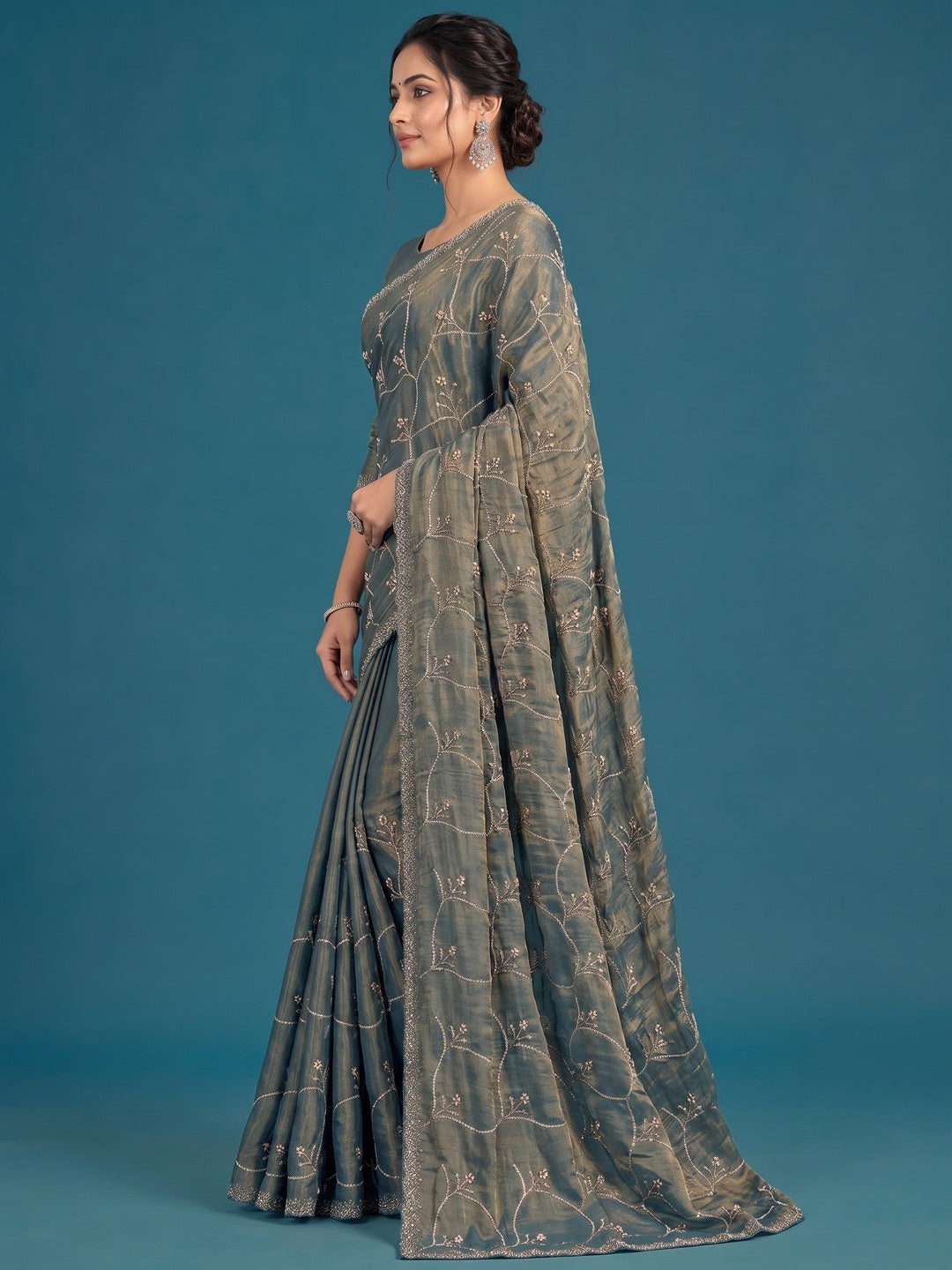 Peachmode Teal Satin Silk Saree with Stone Work Border - Image 3