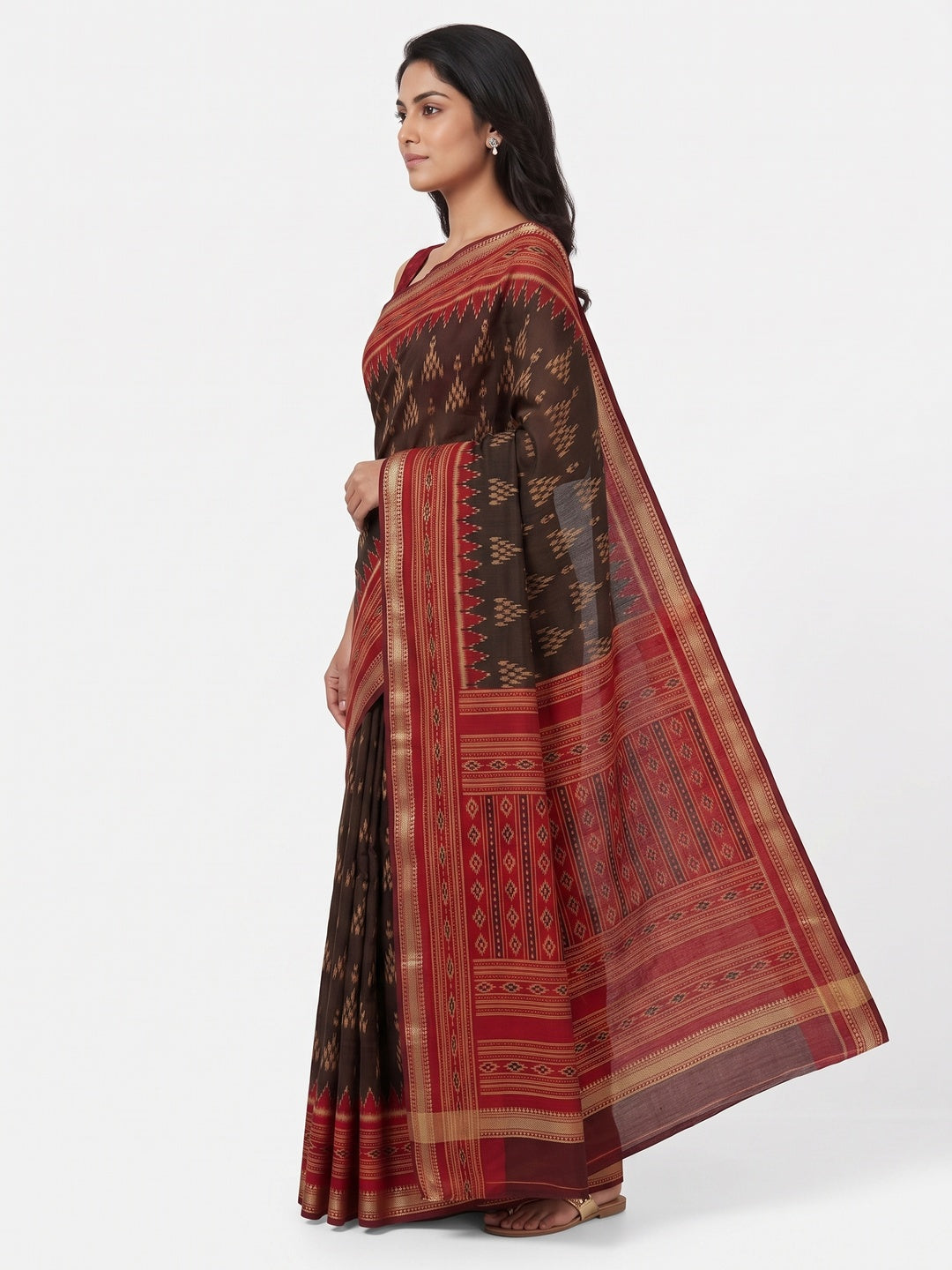 Soft Mulmul Cotton Saree in Brown with Classic Patola Design - Image 3