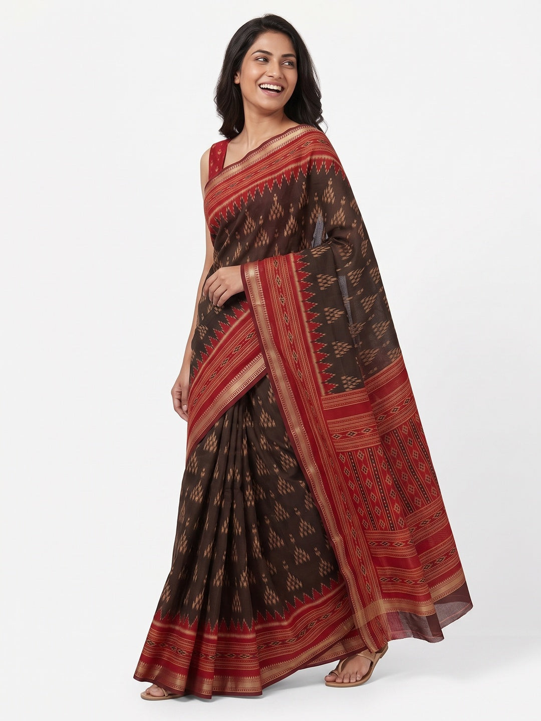 Soft Mulmul Cotton Saree in Brown with Classic Patola Design - Image 4
