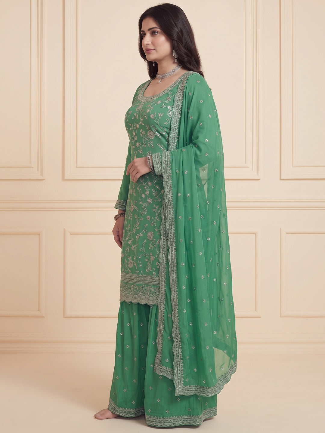 Green Floral Embroidered Chinon Semi Stitched Sharara Suit - Image 3