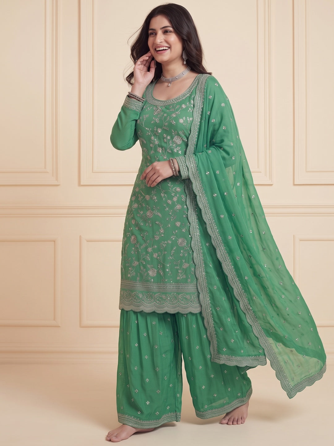 Green Floral Embroidered Chinon Semi Stitched Sharara Suit - Image 4