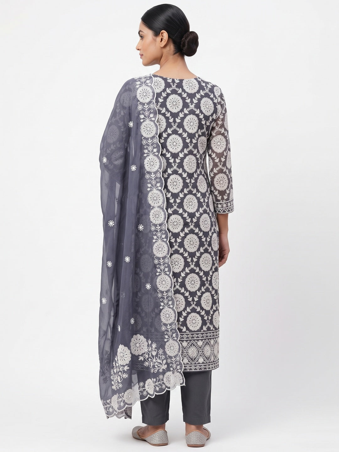 Classic Dark Grey Floral Thread Embroidered Georgette Dress Material With Timeless Appeal - Image 2