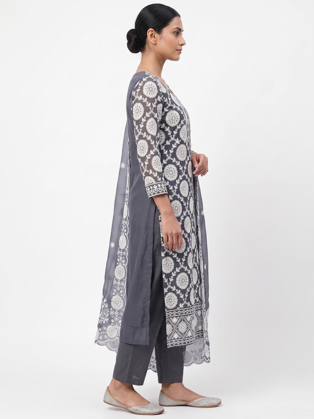 Classic Dark Grey Floral Thread Embroidered Georgette Dress Material With Timeless Appeal - Image 3