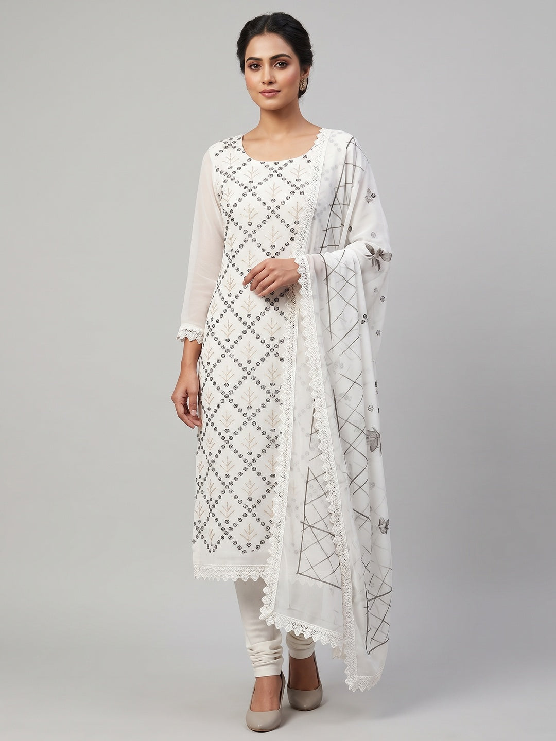 Graceful White Floral Embroidered Georgette Dress Material With Sequins Work - Image 1