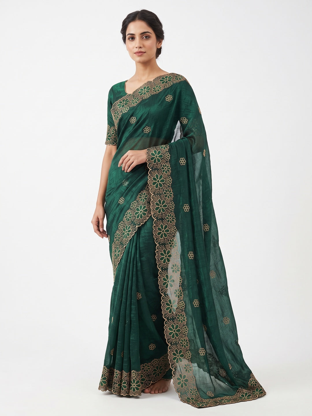 Green Partywear Saree in Soft Chiffon with Intricate Floral Embroidery - Image 1