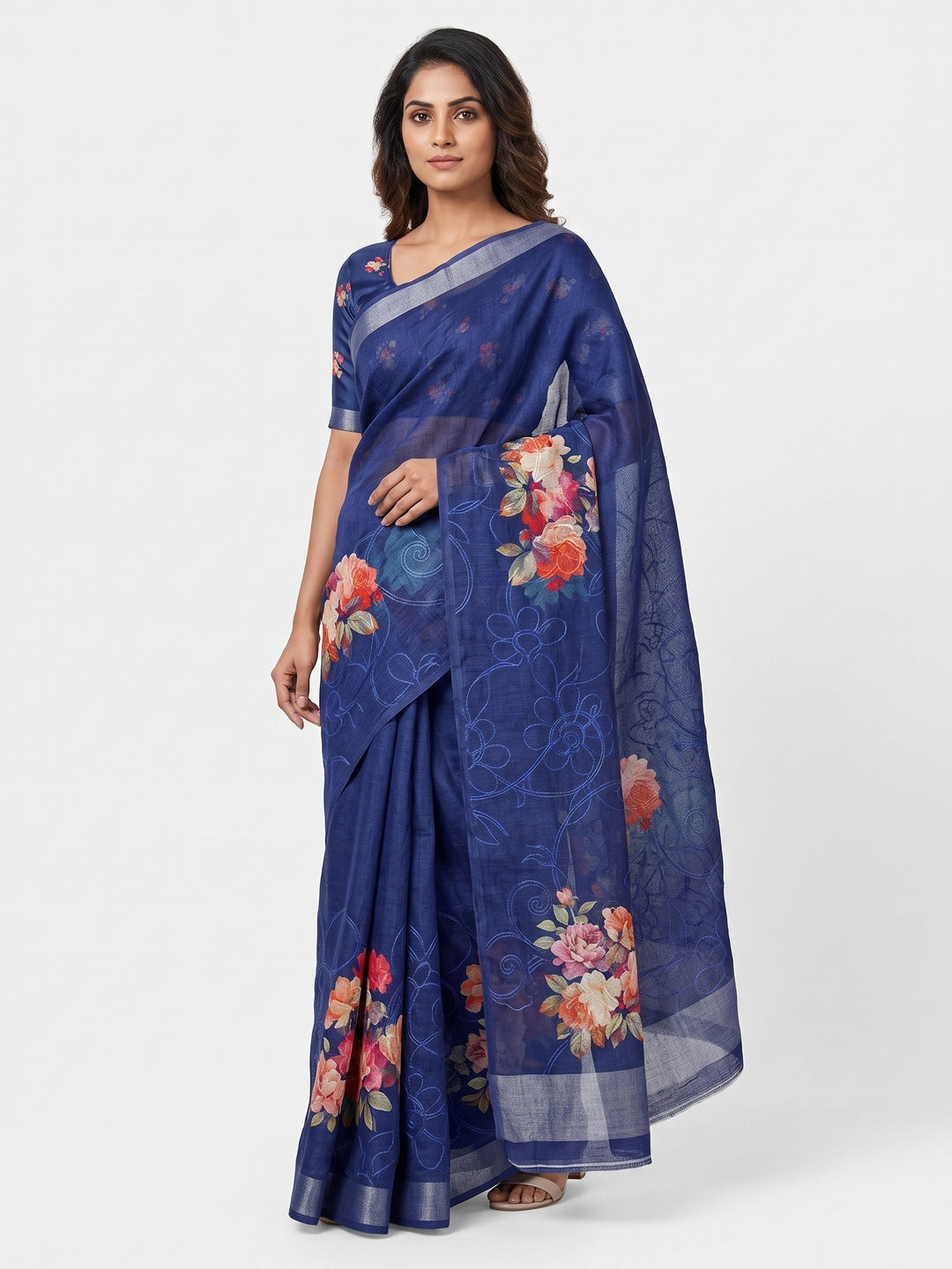 Blue Floral Printed Linen Cotton Saree with Subtle Texture and Thread Work Highlights - Image 1
