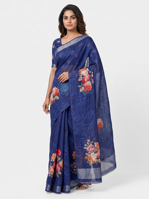 Blue Floral Printed Linen Cotton Saree with Subtle Texture and Thread Work Highlights - Image 1