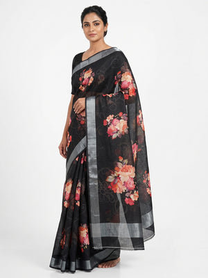 Black Floral Printed Linen Cotton Saree with Subtle Texture and Thread Work Highlights - Image 1