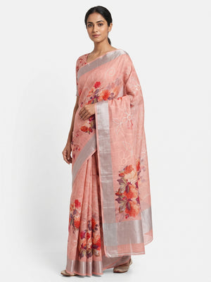 Peach Floral Printed Linen Cotton Saree with Subtle Texture and Thread Work Highlights - Image 1