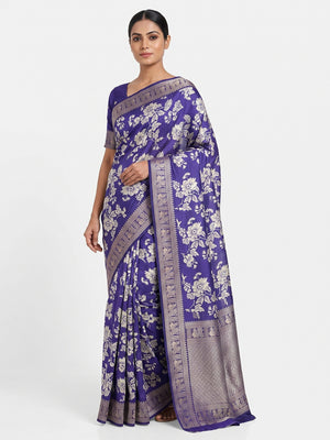 Luxurious Majorelle Blue Floral Print Dola Silk Saree With Intricate Peacock Motif Zari Woven Border - Image 1