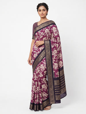 Luxurious Wine Floral Print Dola Silk Saree With Intricate Peacock Motif Zari Woven Border - Image 1