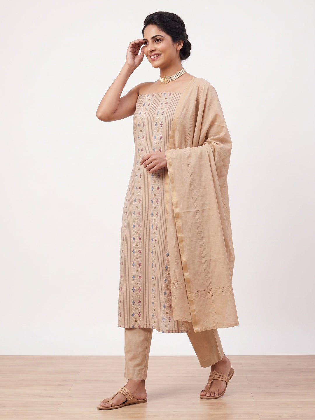 Make a Statement With Chikoo Woven Cotton Blend Dress Material - Image 4