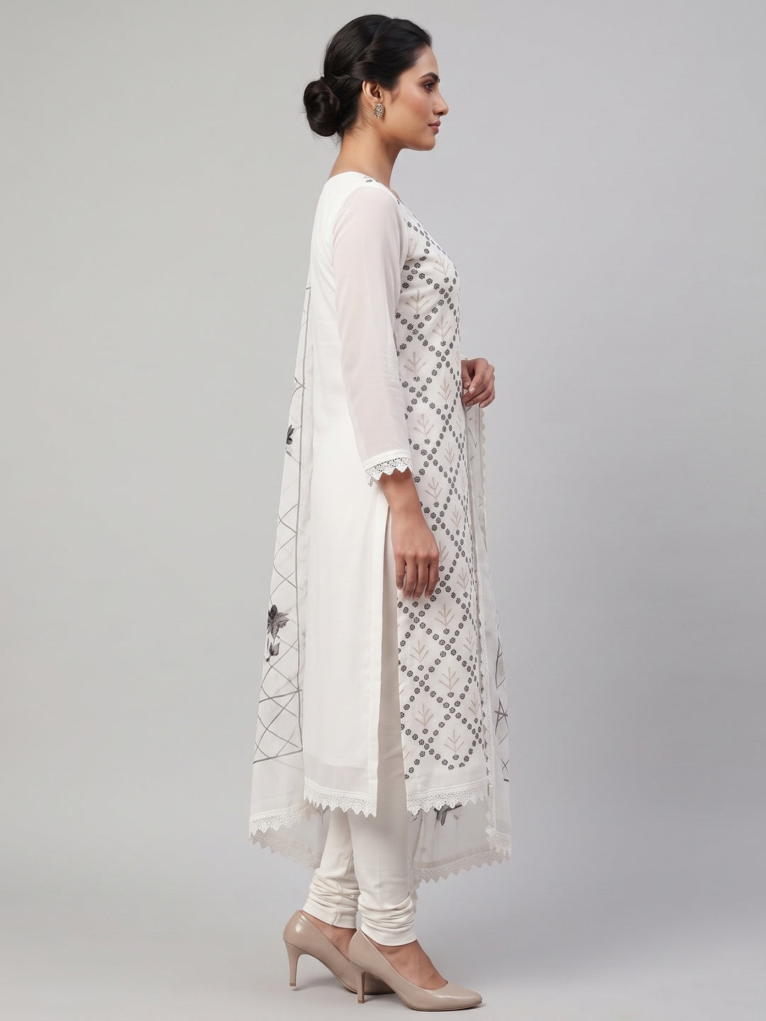 Graceful White Floral Embroidered Georgette Dress Material With Sequins Work - Image 3