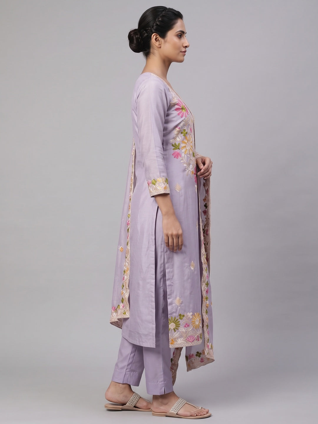 Lavender Designer Roman Art Silk Dress Material Adorned With Floral Thread Embroidery Work - Image 3