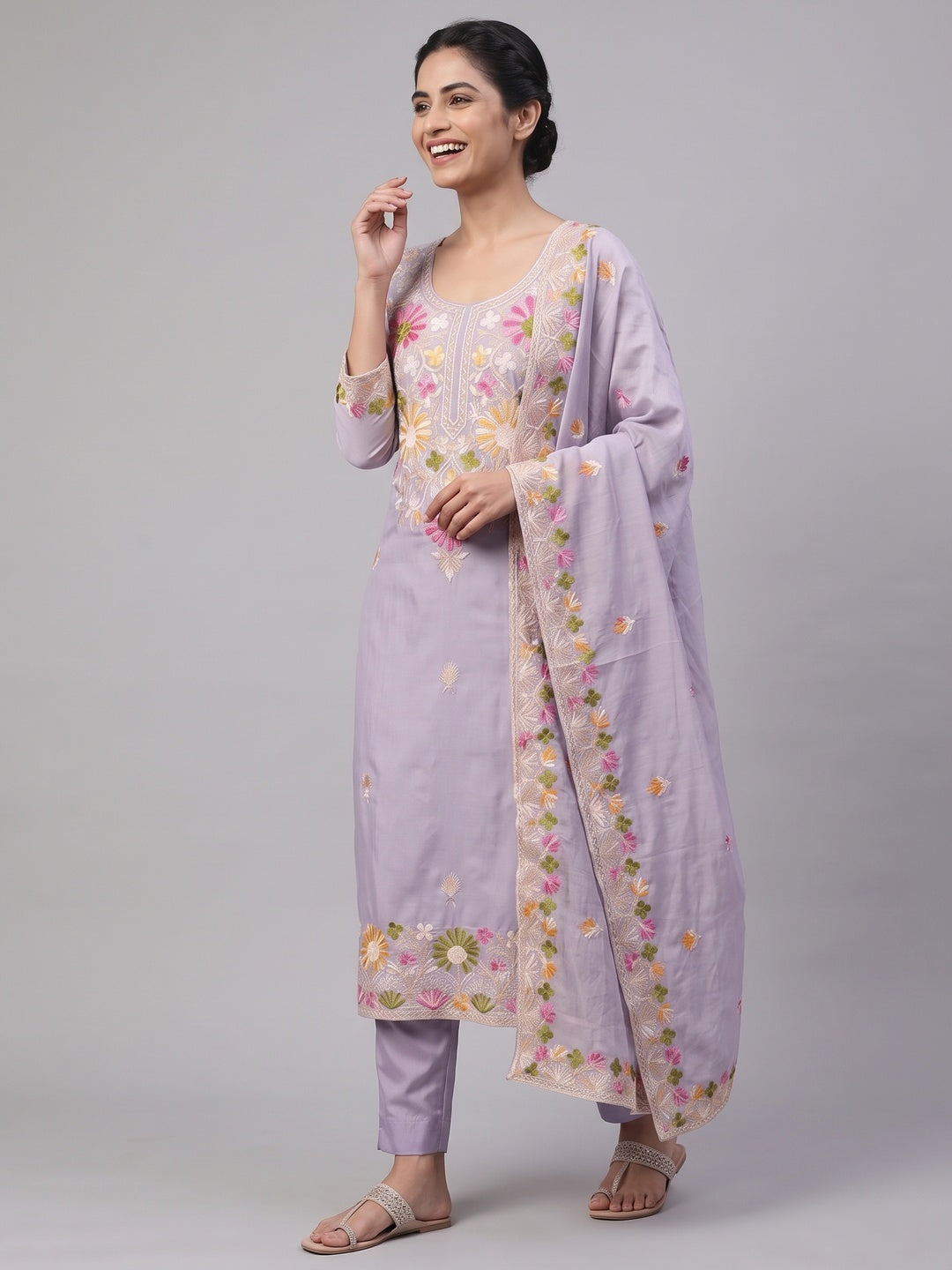 Lavender Designer Roman Art Silk Dress Material Adorned With Floral Thread Embroidery Work - Image 4