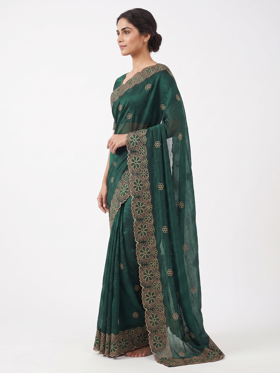 Green Partywear Saree in Soft Chiffon with Intricate Floral Embroidery - Image 3