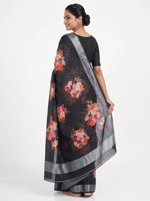 Black Floral Printed Linen Cotton Saree with Subtle Texture and Thread Work Highlights - Image 2