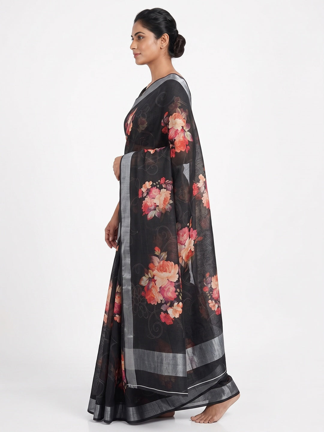 Black Floral Printed Linen Cotton Saree with Subtle Texture and Thread Work Highlights - Image 3