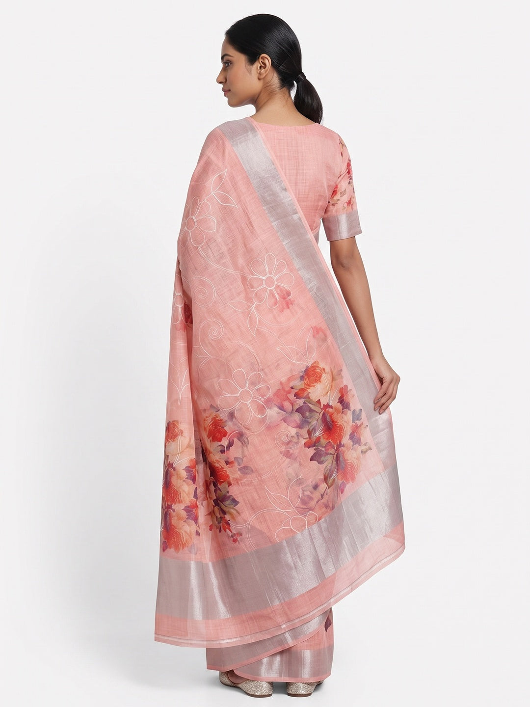Peach Floral Printed Linen Cotton Saree with Subtle Texture and Thread Work Highlights - Image 2