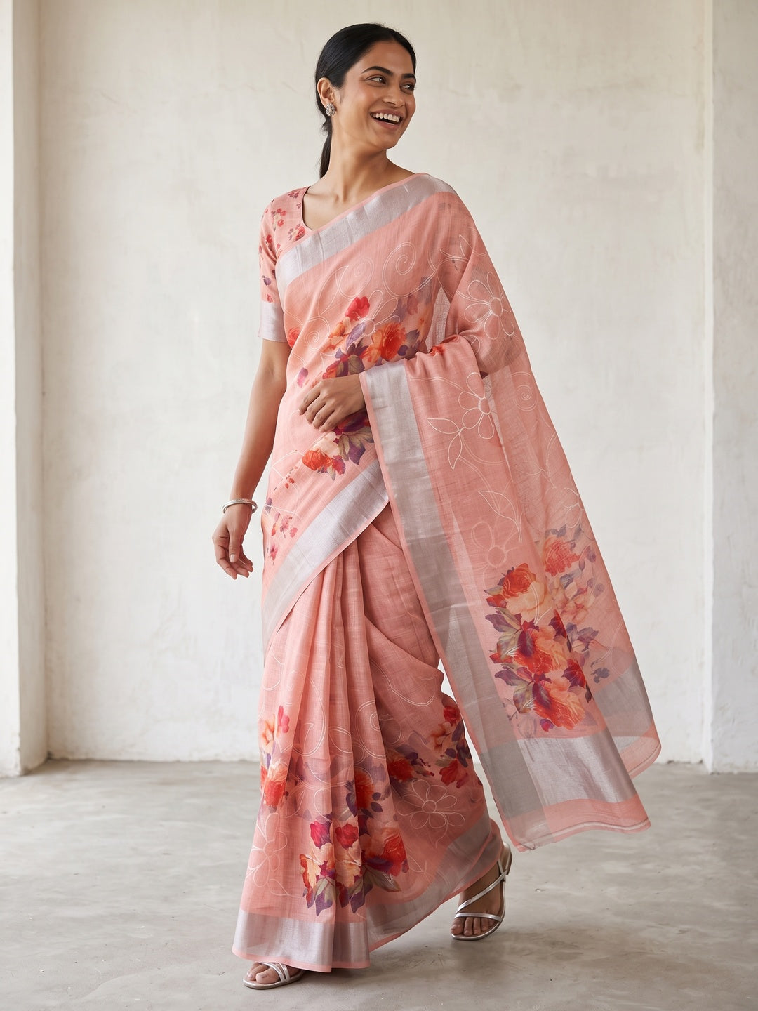 Peach Floral Printed Linen Cotton Saree with Subtle Texture and Thread Work Highlights - Image 4