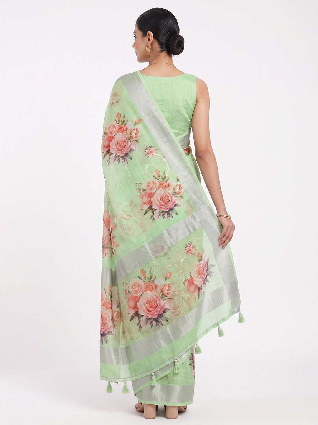 Green Floral Printed Linen Cotton Saree with Subtle Texture and Thread Work Highlights - Image 2