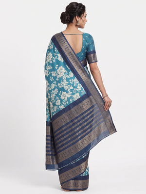 Luxurious Teal Blue Floral Print Dola Silk Saree With Intricate Peacock Motif Zari Woven Border - Image 2