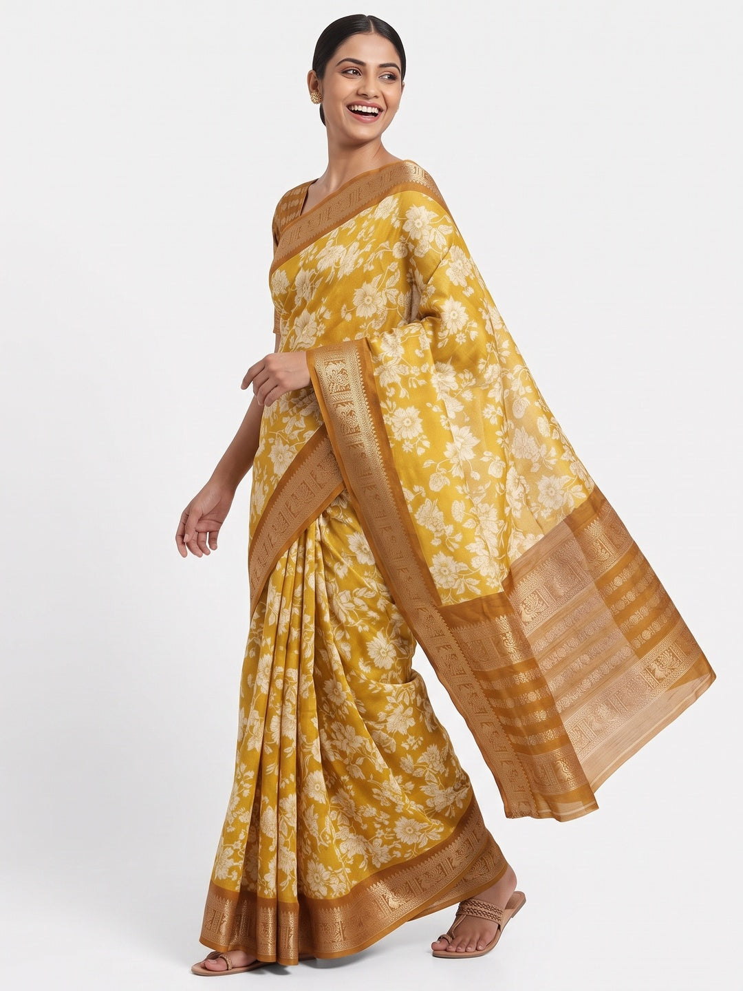 Luxurious Mustard Floral Print Dola Silk Saree With Intricate Peacock Motif Zari Woven Border - Image 4