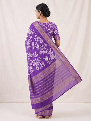 Luxurious Royal Purple Floral Print Dola Silk Saree With Intricate Peacock Motif Zari Woven Border - Image 2