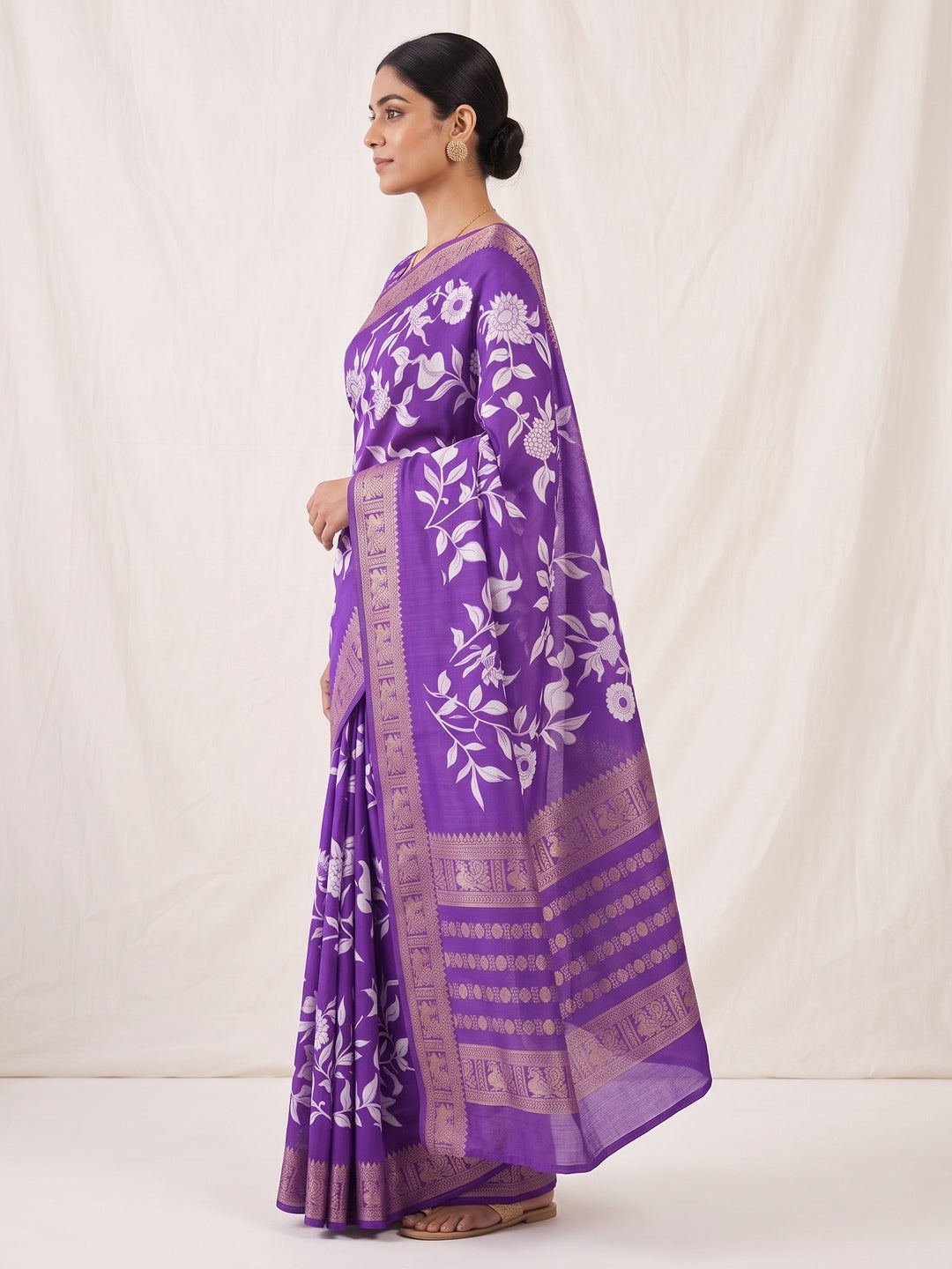 Luxurious Royal Purple Floral Print Dola Silk Saree With Intricate Peacock Motif Zari Woven Border - Image 3