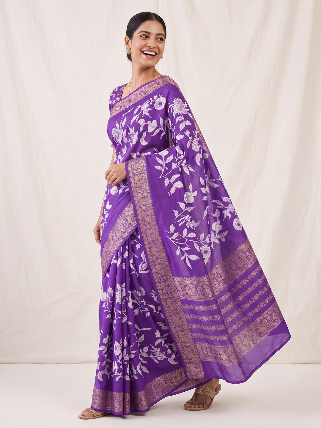 Luxurious Royal Purple Floral Print Dola Silk Saree With Intricate Peacock Motif Zari Woven Border - Image 4