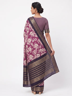 Luxurious Wine Floral Print Dola Silk Saree With Intricate Peacock Motif Zari Woven Border - Image 2