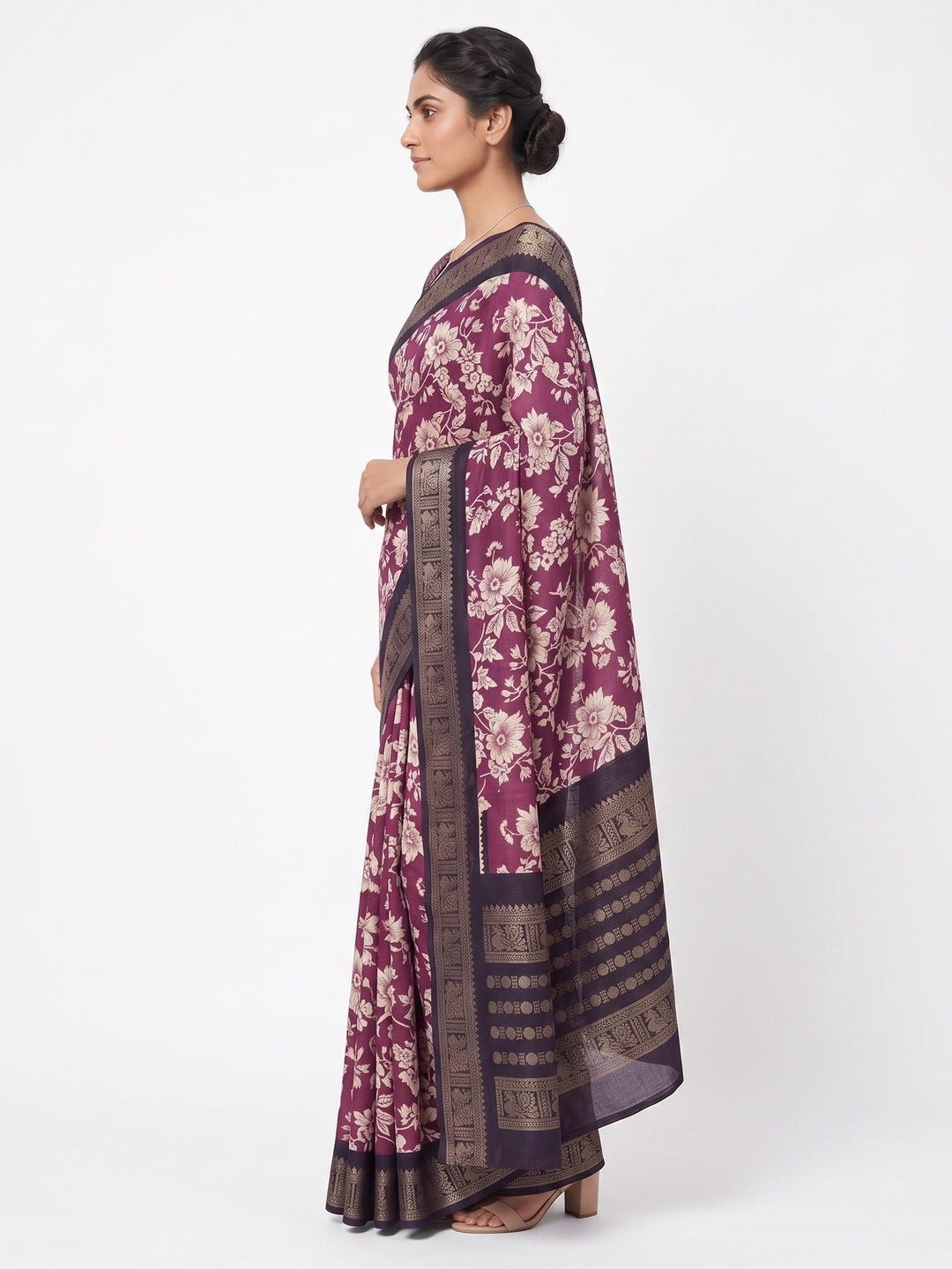 Luxurious Wine Floral Print Dola Silk Saree With Intricate Peacock Motif Zari Woven Border - Image 3
