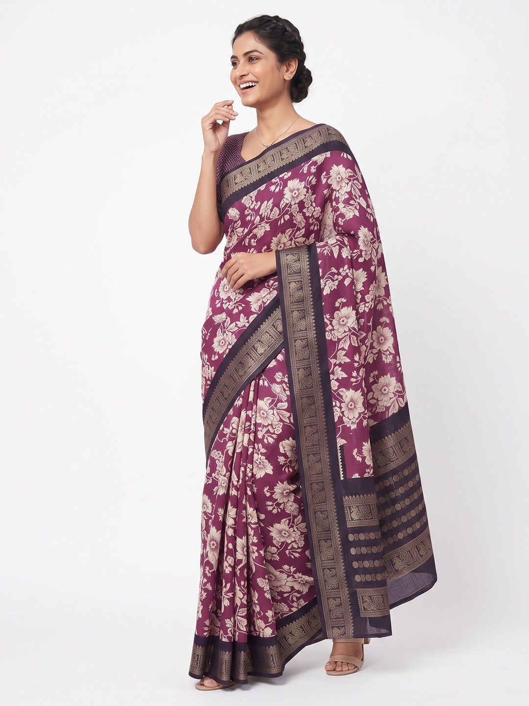 Luxurious Wine Floral Print Dola Silk Saree With Intricate Peacock Motif Zari Woven Border - Image 4