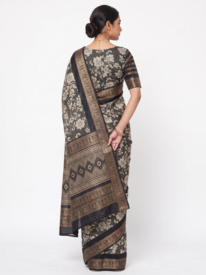Luxurious Grey Floral Print Dola Silk Saree With Intricate Peacock Motif Zari Woven Border - Image 2