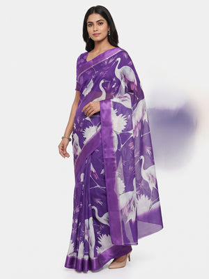 Purple Printed Moss Chiffon Saree With Zari Woven Border - Image 1