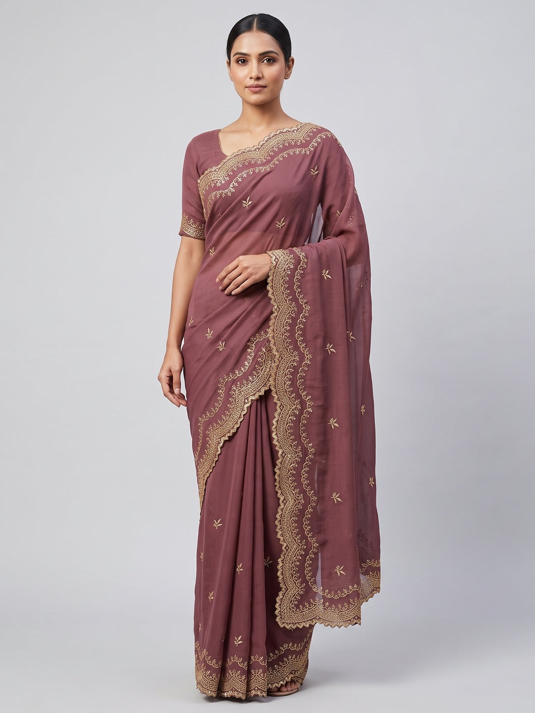 Mauve Embroidered Star Georgette Saree Designed for Stylish Party Wear - Image 1