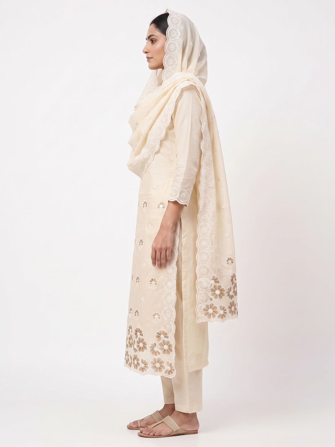 Elegant Cream Floral Thread Embroidered Chanderi Silk Dress Material - Image 3
