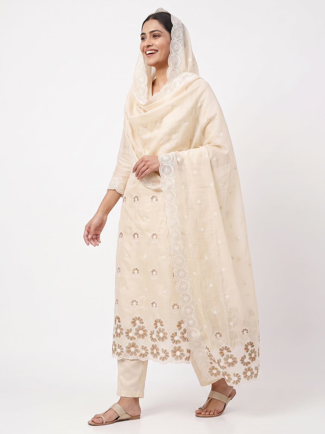 Elegant Cream Floral Thread Embroidered Chanderi Silk Dress Material - Image 4