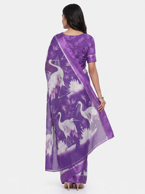 Purple Printed Moss Chiffon Saree With Zari Woven Border - Image 2