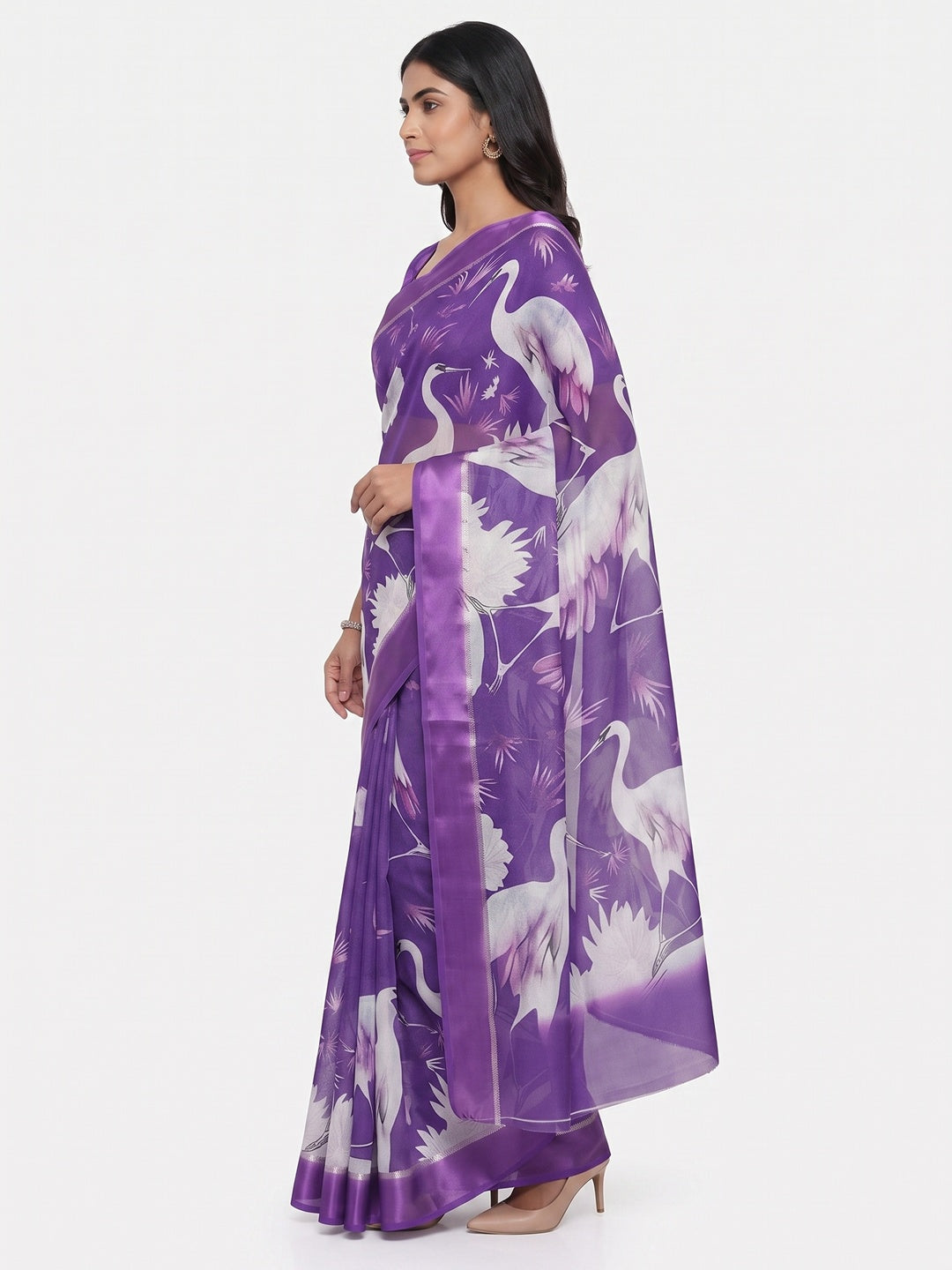 Purple Printed Moss Chiffon Saree With Zari Woven Border - Image 3