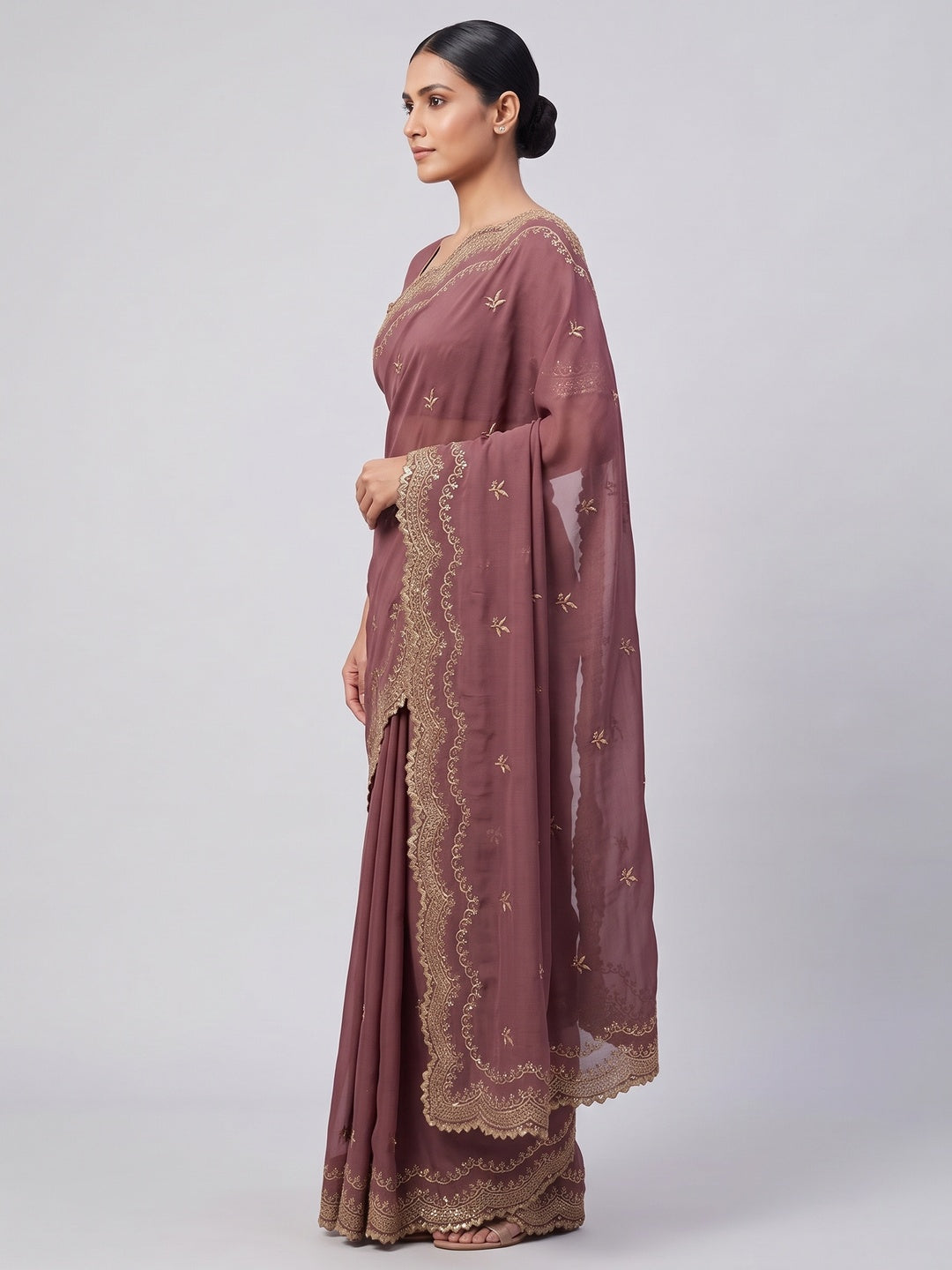 Mauve Embroidered Star Georgette Saree Designed for Stylish Party Wear - Image 3