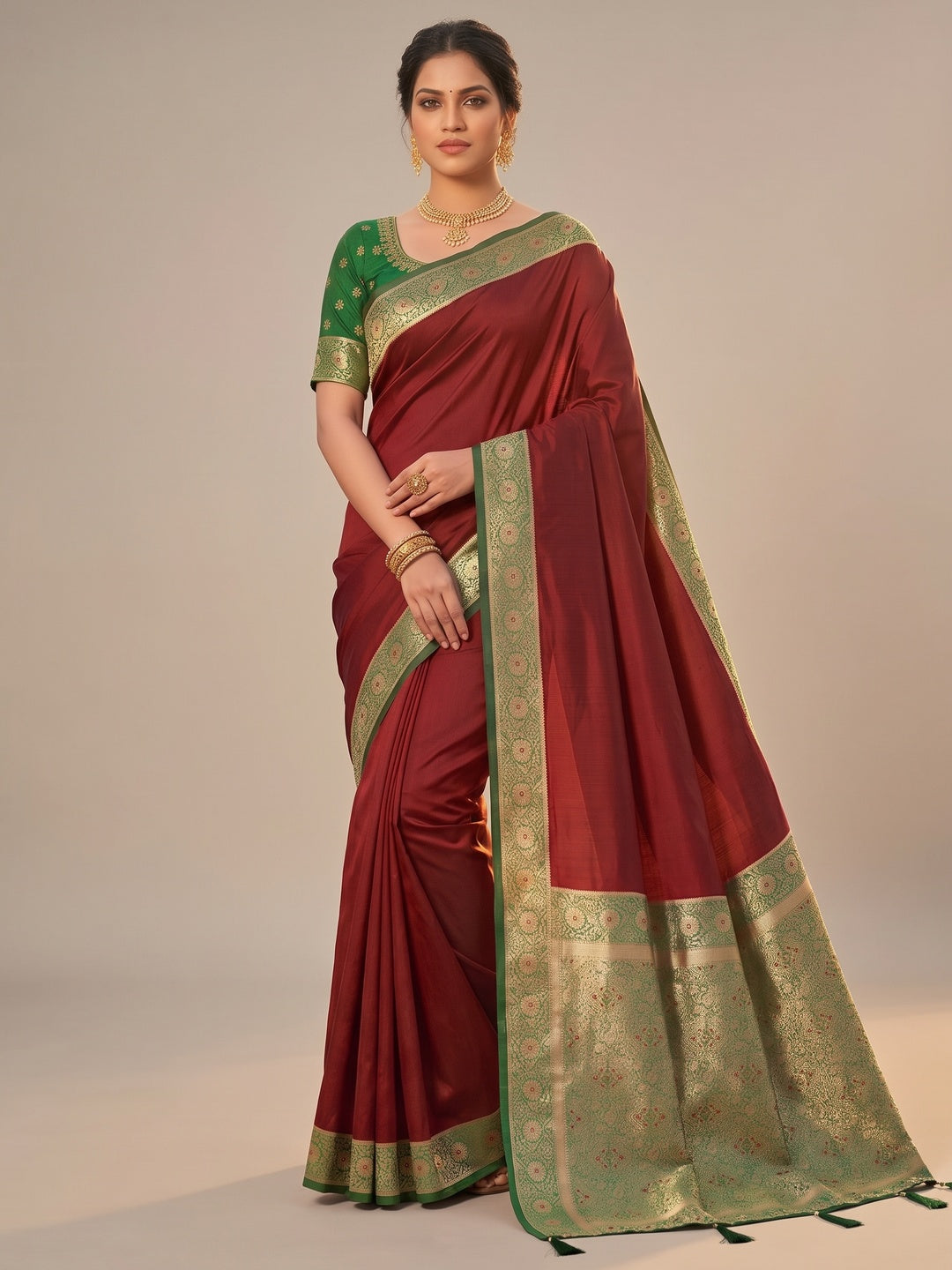 Ethnic Maroon Pure Silk Saree with Intricate Border Weaving and Stitched Blouse for Festive Occasions - Image 2