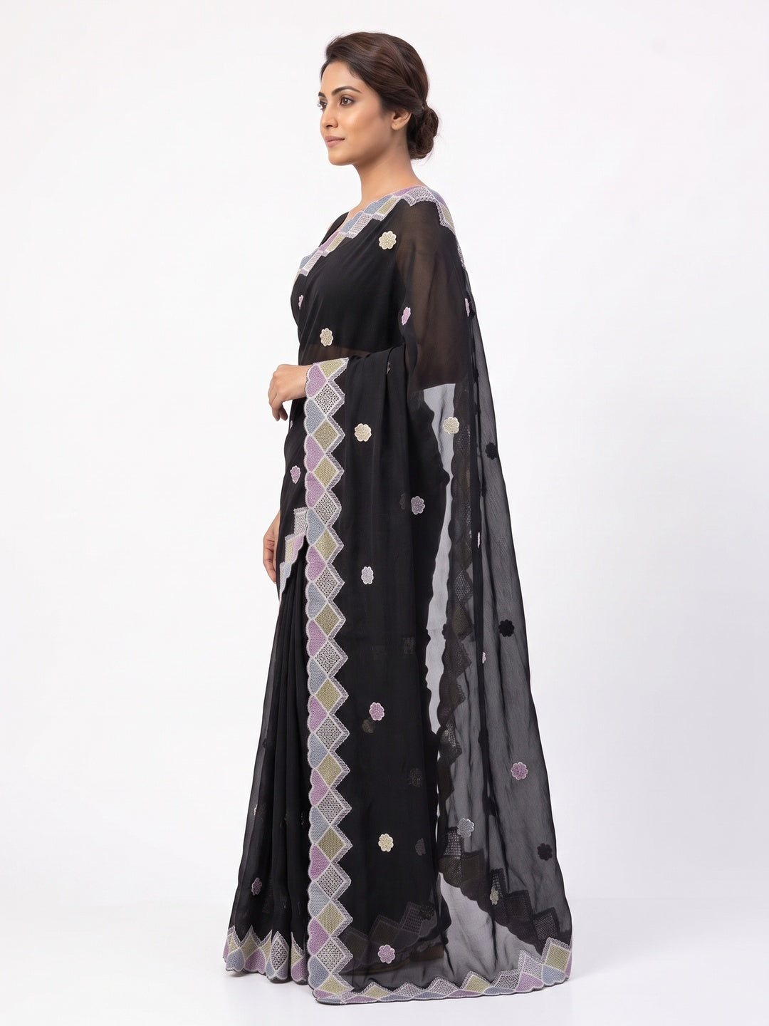 Elegant Black Chiffon Silk Saree Adorned With Delicate Floral Sequin Work - Image 3
