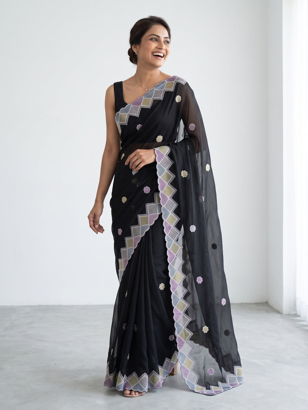Elegant Black Chiffon Silk Saree Adorned With Delicate Floral Sequin Work - Image 4