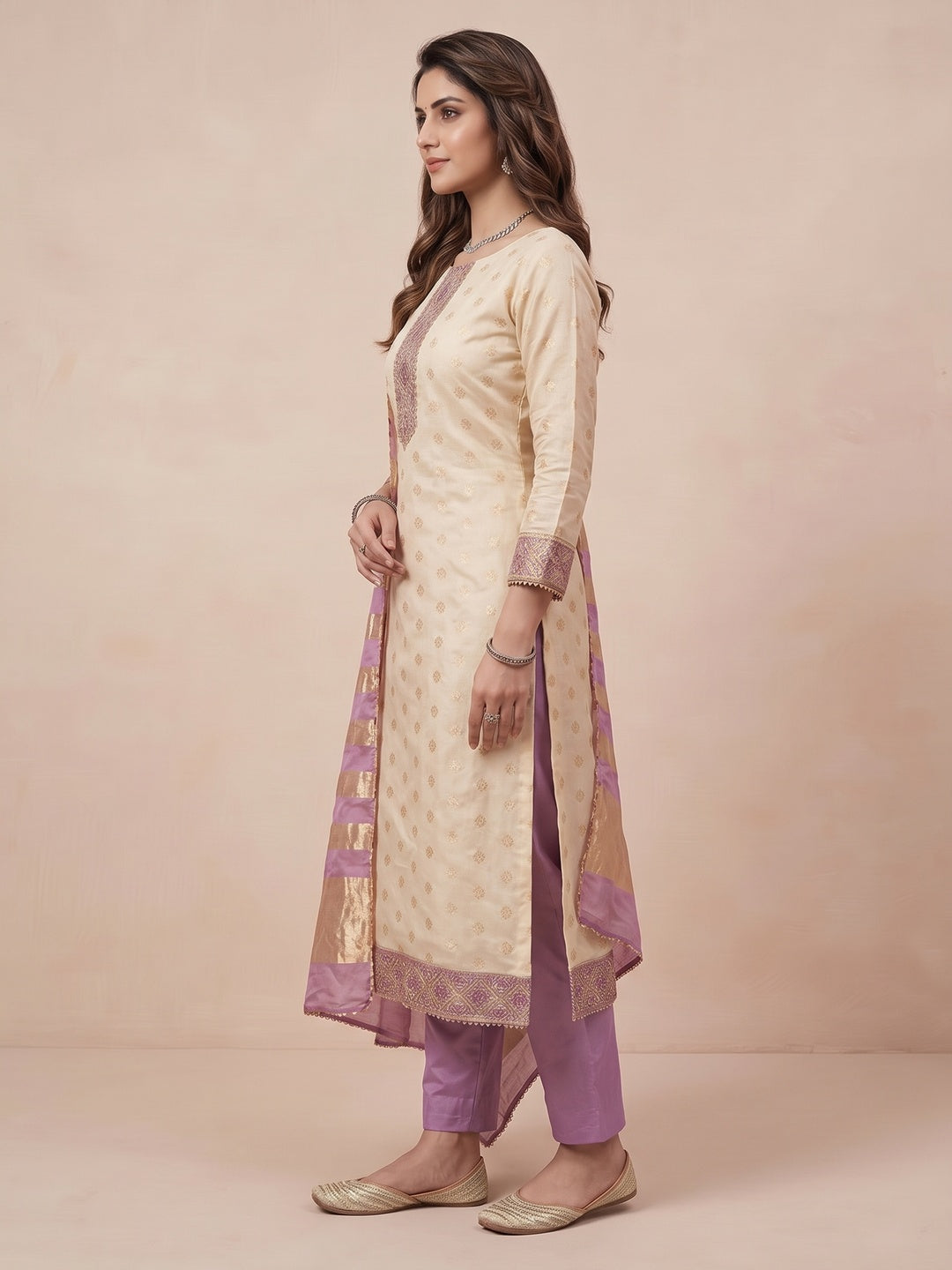 Cream & Lavender Floral Weaving Shimmer Dress Material Adorned With Elegant Sequins Embroidery - Image 4