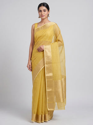Subtle Solid Yellow Kota Doria Saree with Traditional Zari Weaving Edging - Image 1