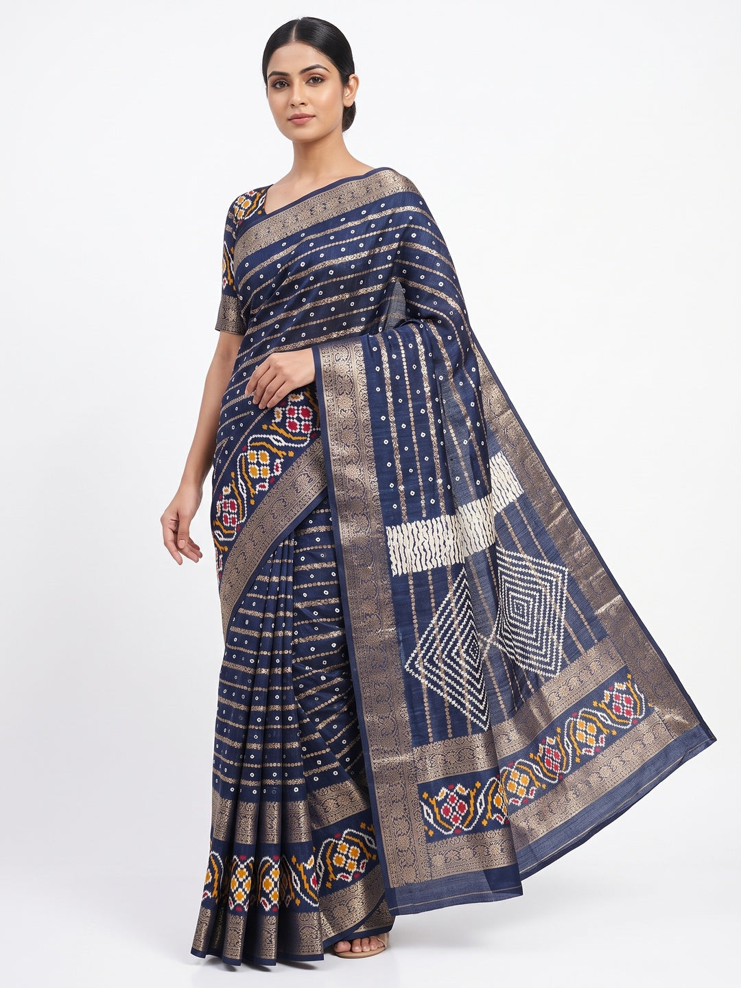 Navy Blue Bandhani Printed Dola Silk Saree Enhanced With Fine Weaving Accents - Image 1