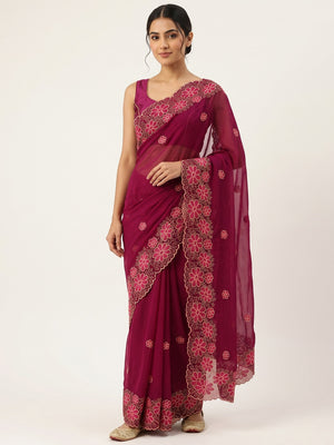 Pink Partywear Saree in Soft Chiffon with Intricate Floral Embroidery - Image 1
