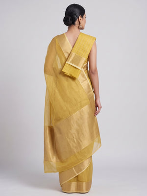 Subtle Solid Yellow Kota Doria Saree with Traditional Zari Weaving Edging - Image 2